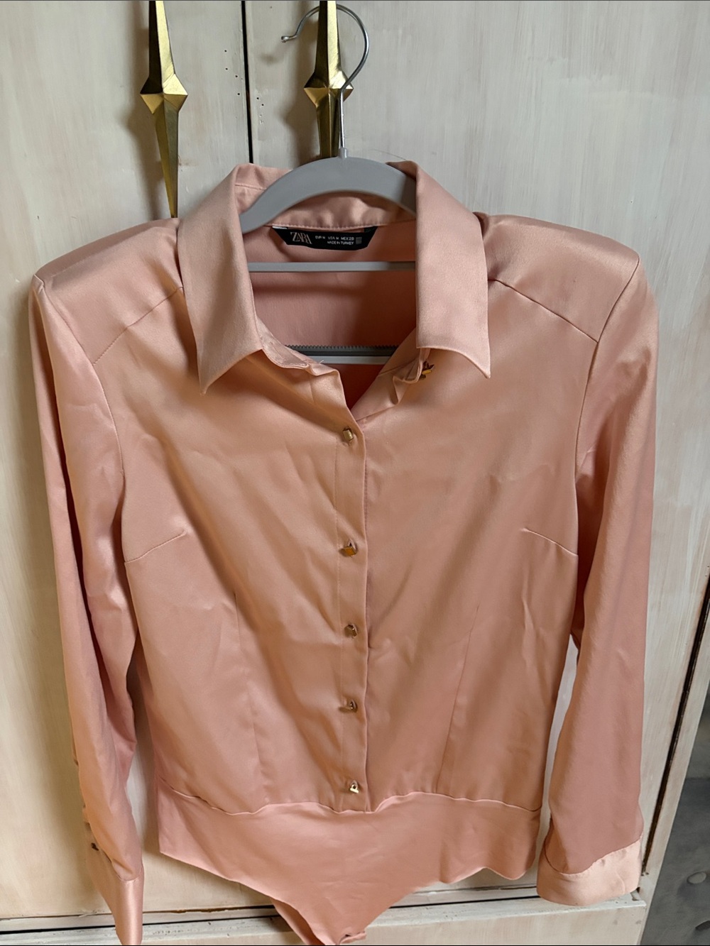 Zara Blush Satin Button-Down Bodysuit Blouse